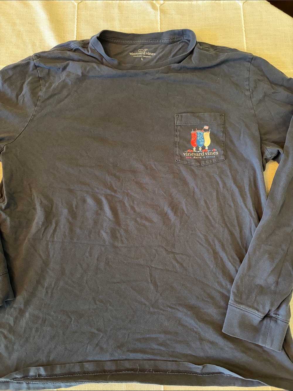 Vineyard Vines Navy Long-Sleeve Pocket Tee with Colorful Fish Graphic